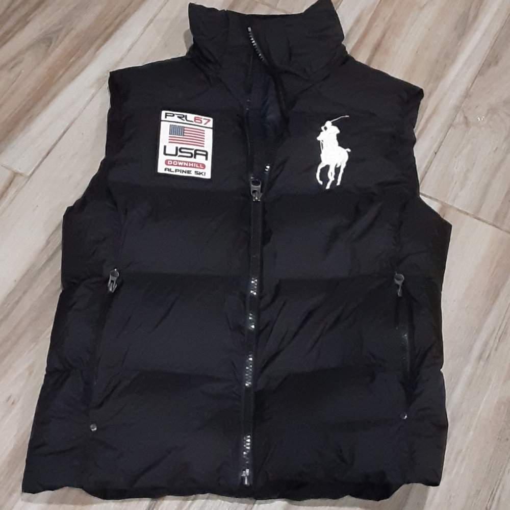 Polo by Ralph Lauren Black Down Puffer Vest with White Pony & USA Patch